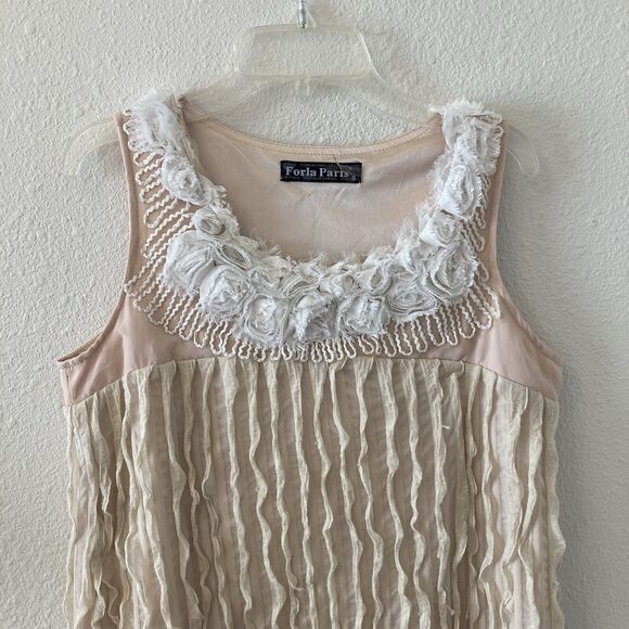 Forla Paris Women's Mini Dress Tan Floral Embellished Textured Shift Sz Sm Boho - Picture 4 of 16